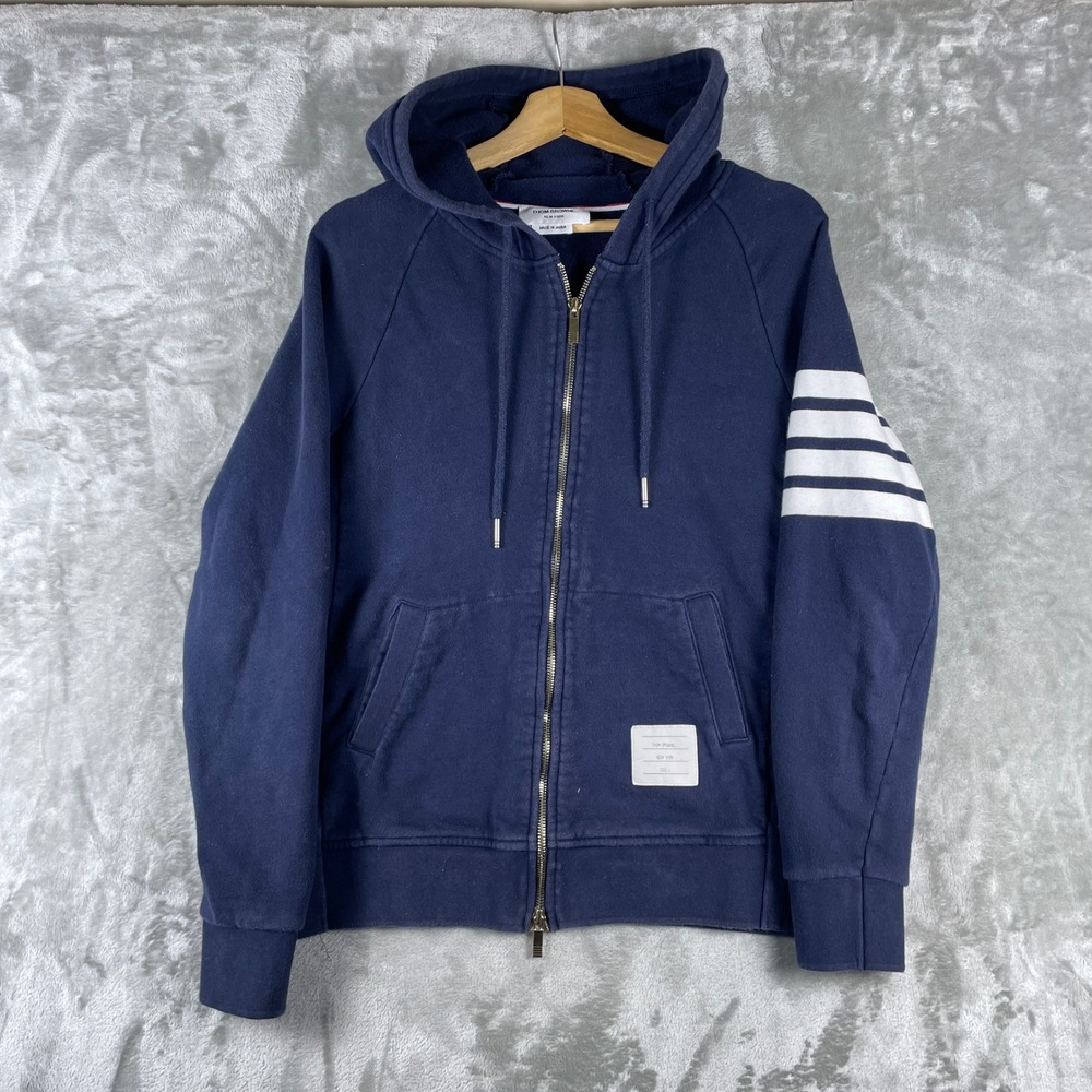 Thom Browne Full Zip Hoodie Mens 2 Navy Blue 4-Bar Stripe MJT017AK5140